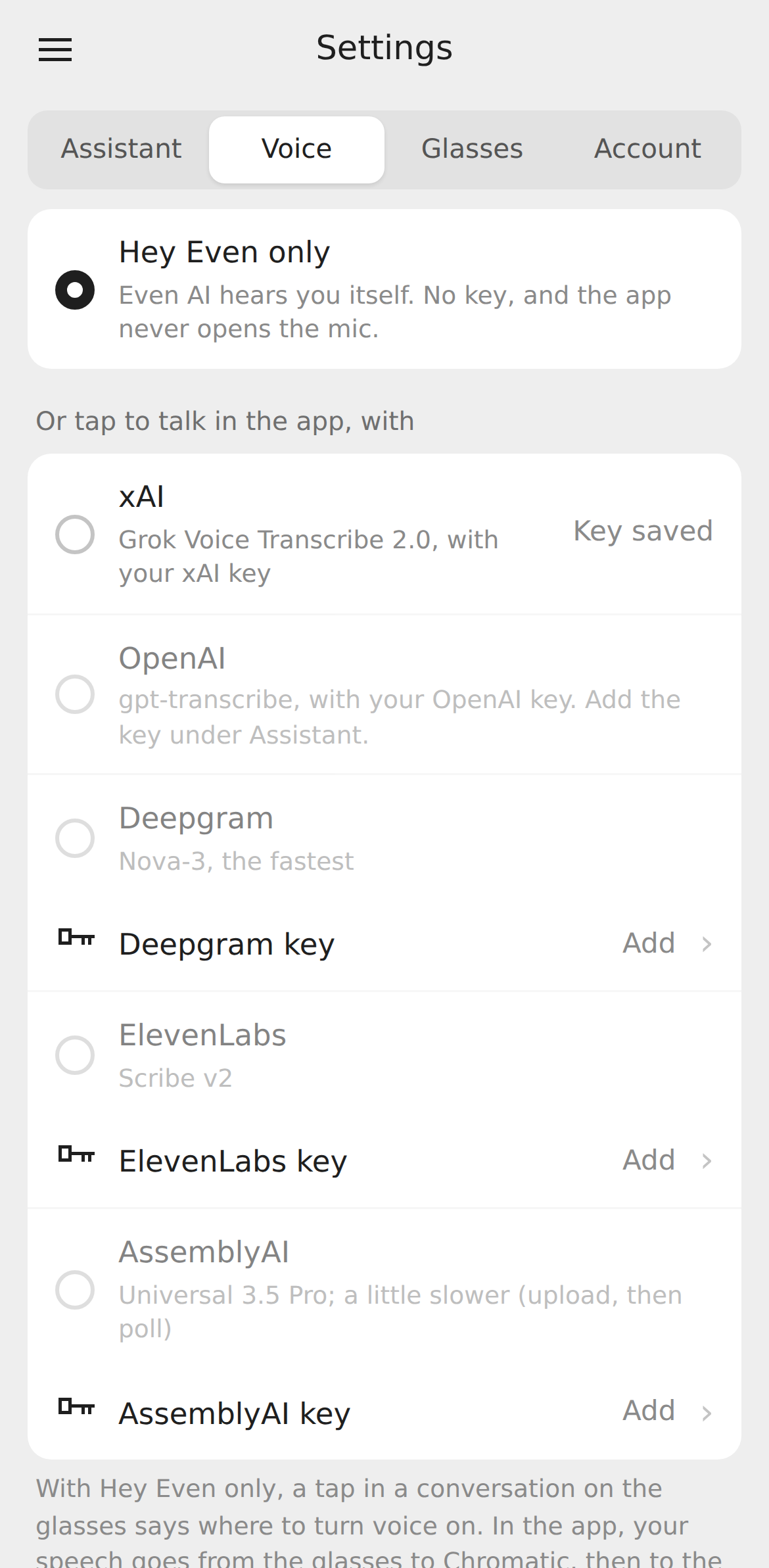Chromatic's voice settings: Hey Even only, or tap to talk in the app with a transcription provider and your own key.