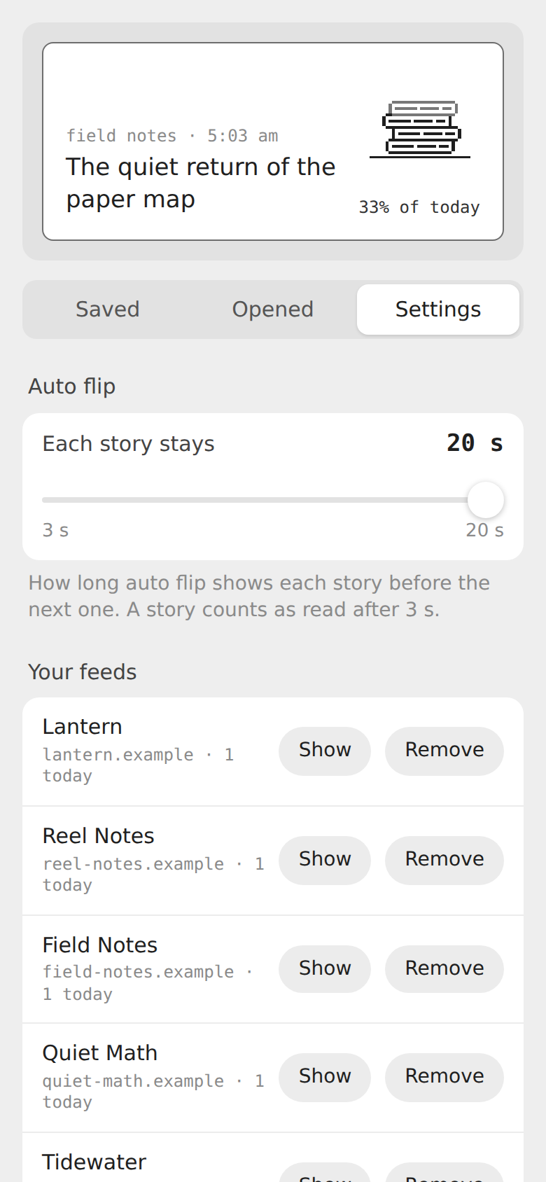 Kiosk's settings: a slider for how long auto flip shows each story, from 3 to 20 seconds, and the list of feeds, each with Show and Remove.