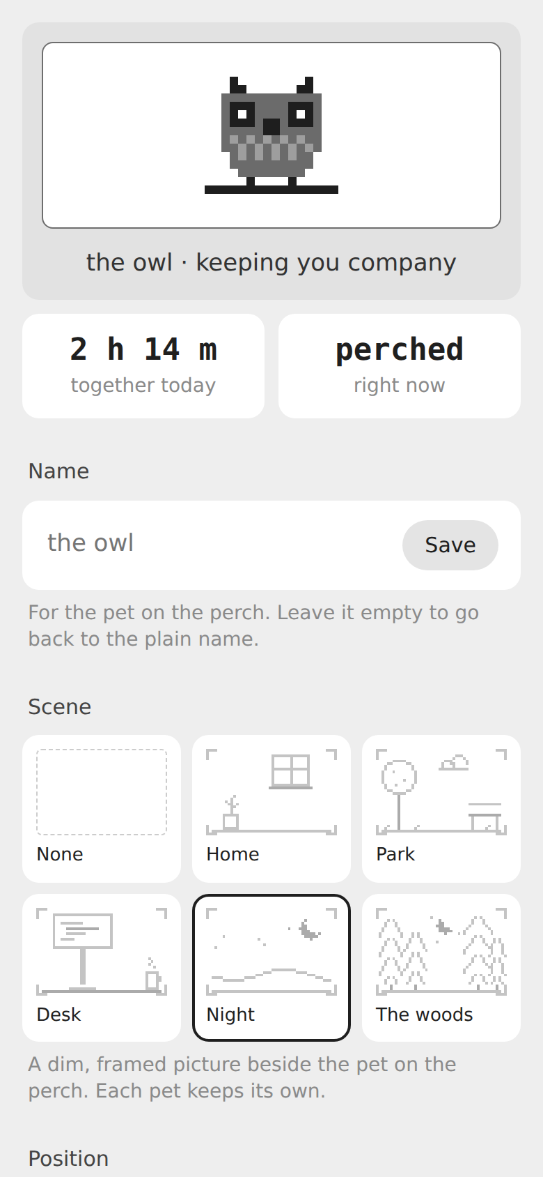 Perch's phone page: a window that mirrors the owl on the glasses, time together today, and its name.