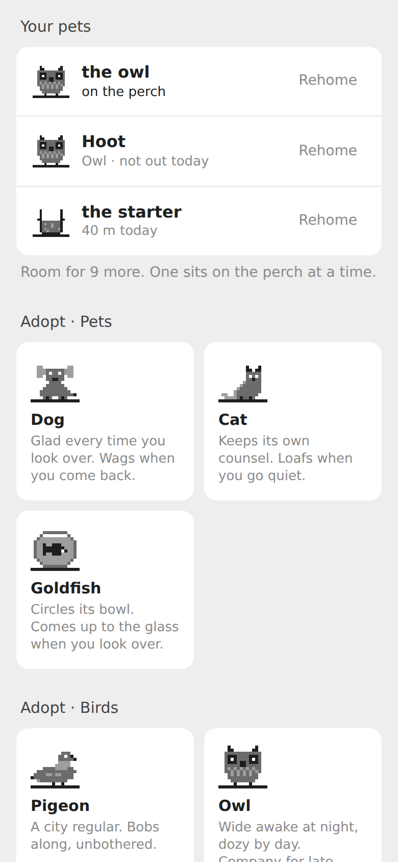 Perch's phone page further down: your pets, one on the perch at a time, and companions to adopt.