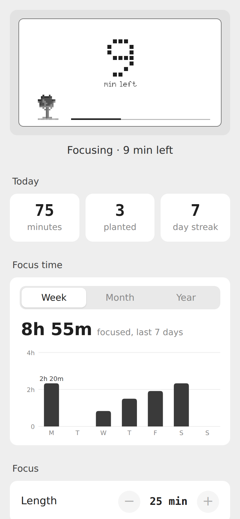 Sapling's phone page during a session: a window that mirrors the glasses, nine minutes left, and today's minutes, trees and streak.