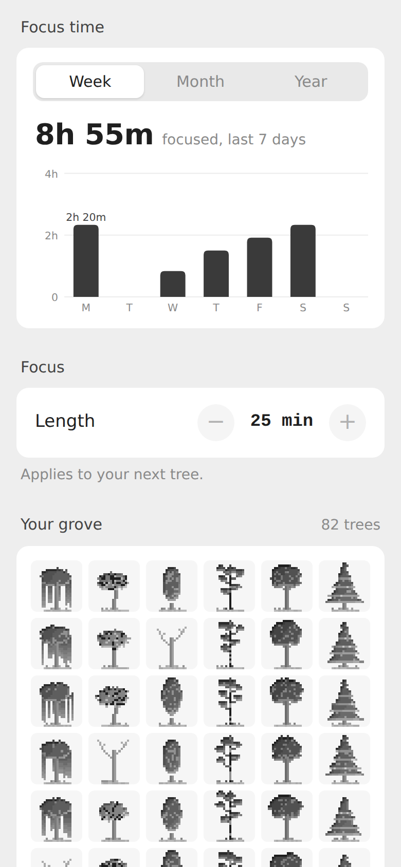 Sapling's phone page further down: focus time by week, the session length, and the grove of every tree grown.